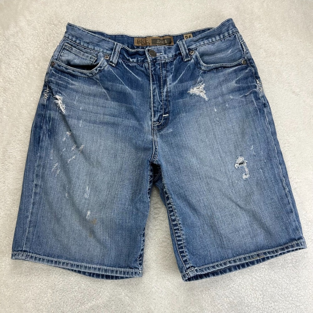 BKE Denim Joshua Bermuda Shorts Mens 34 Blue Distressed Cotton Medium Wash Stain
